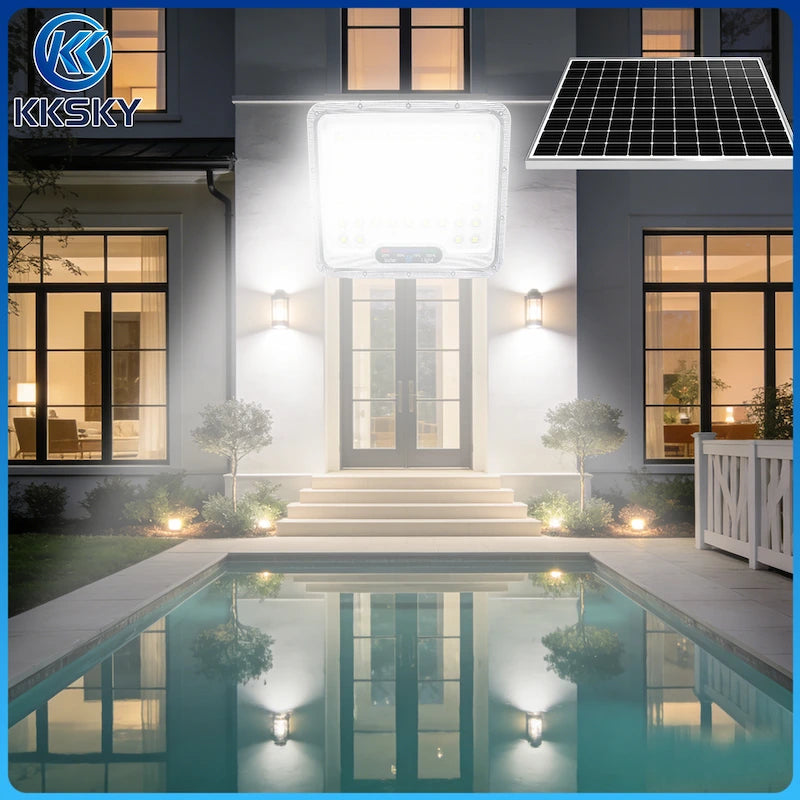 KKSKY Solar Lights Outdoor Waterproof IP67 Heavy Duty Solar Street Lights LED Floodlight, split solar panel floodlight for villa, pool, garden front door security lighting