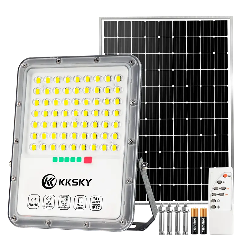 KKsky IP67 waterproof solar LED flood light with separate solar panel, remote control and mounting accessories, bright outdoor solar lamp for garden, warehouse, backyard
