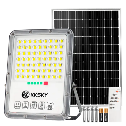KKsky IP67 waterproof solar LED flood light with separate solar panel, remote control and mounting accessories, bright outdoor solar lamp for garden, warehouse, backyard