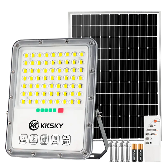 KKsky IP67 waterproof solar LED flood light with separate solar panel, remote control and mounting accessories, bright outdoor solar lamp for garden, warehouse, backyard