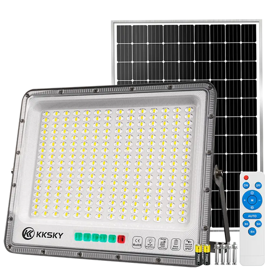 kksky solar LED flood light with separate solar panel, remote control, IP67 waterproof outdoor solar flood lamp for garden, warehouse, backyard