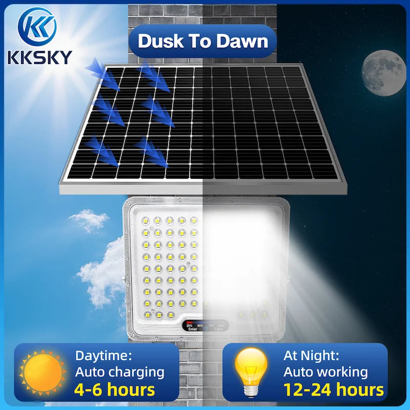 KKSKY Solar Lights Outdoor Waterproof IP67 Heavy Duty Solar Street Lights LED Floodlight, dusk to dawn function, auto charge day and auto light up at night
