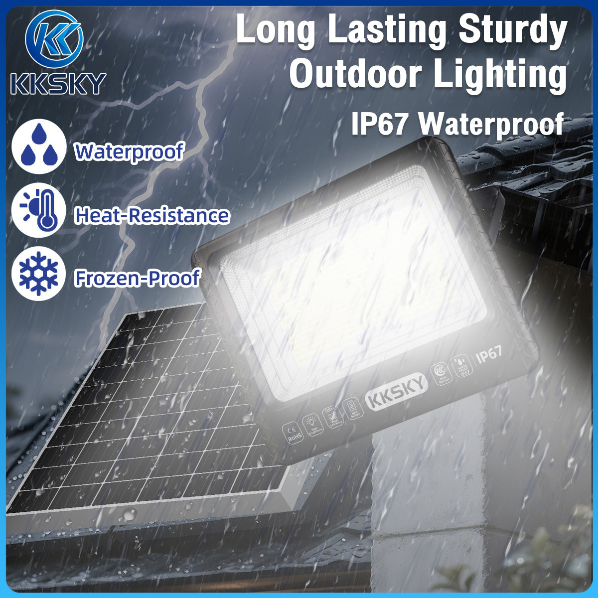 KKSKY solar led flood light IP67 waterproof heavy‑duty, rainproof heat‑resistant freeze‑proof outdoor security lamp