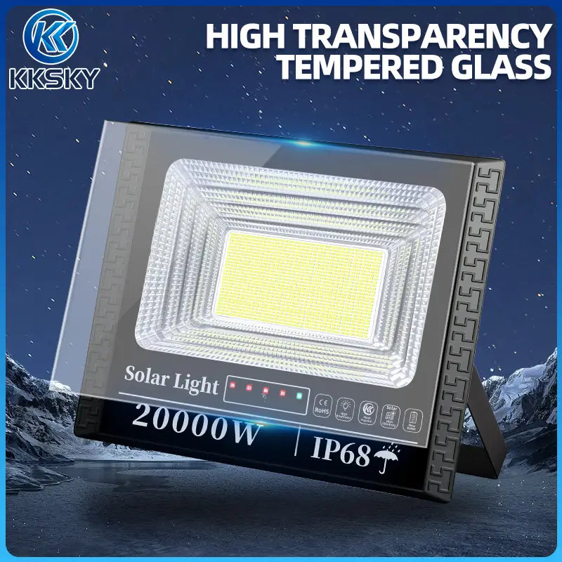Product Dimensions of KKSKY 80000W Solar LED Flood Light: 280x230mm Lamp, 235x350mm Solar Panel, IP68 Waterproof