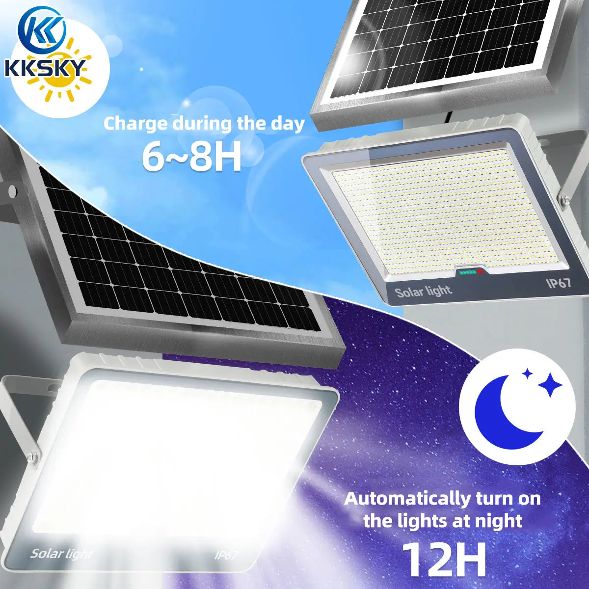 KKSKY solar light with solar panel charges in 6-8 hours under sunlight and provides up to 12 hours of continuous dusk-to-dawn lighting at night