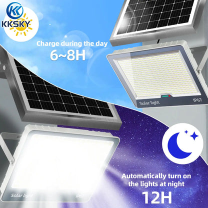 KKSKY solar light with solar panel charges in 6-8 hours under sunlight and provides up to 12 hours of continuous dusk-to-dawn lighting at night