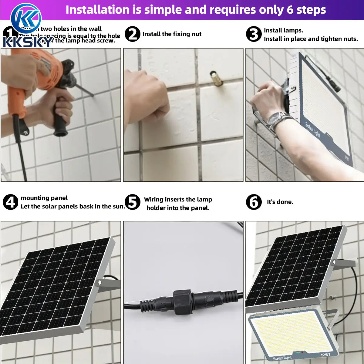 Easy 6-step installation guide for KKSKY solar light with solar panel, no complicated wiring required for quick outdoor flood light setup