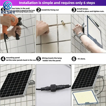 Easy 6-step installation guide for KKSKY solar light with solar panel, no complicated wiring required for quick outdoor flood light setup