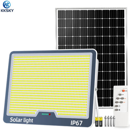 KKSKY solar light with solar panel, IP67 waterproof outdoor flood light, complete with remote control and installation accessories for home & commercial use