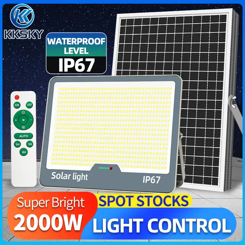 KKSKY solar light with solar panel, IP67 waterproof outdoor flood light, complete with remote control and installation accessories for home & commercial use