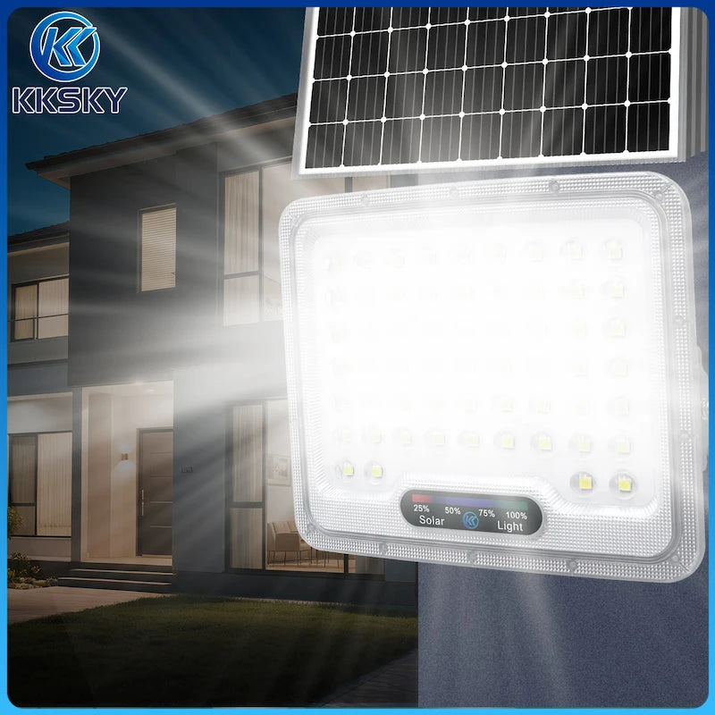KKSKY Solar Lights Outdoor Waterproof IP67 Heavy Duty Solar Street Lights LED Floodlight, split solar flood light mounted on house exterior wall, bright night outdoor lighting