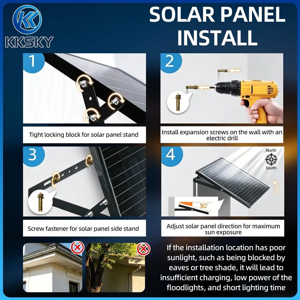 KKSKY solar panel installation guide for split solar flood light, mounting steps, adjust panel angle to get maximum sunlight exposure