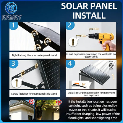 KKSKY solar panel installation guide for split solar flood light, mounting steps, adjust panel angle to get maximum sunlight exposure