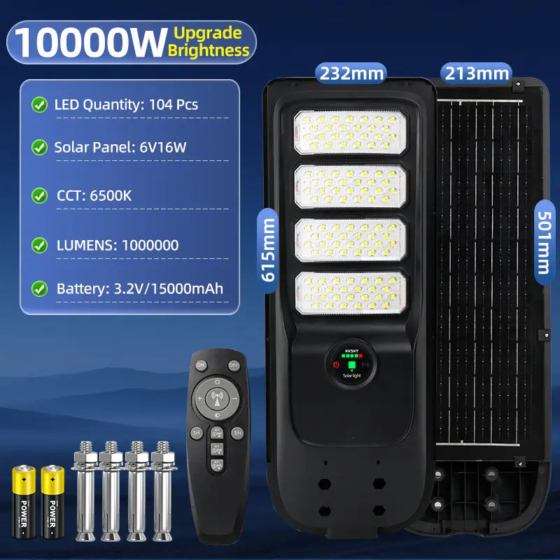 KKSKY 10000W solar street light specs,104pcs LED beads,15000mAh battery,large capacity outdoor solar flood lamp