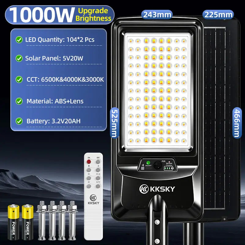 1000W KKSKY solar street light upgraded high brightness LED,3 color temperature,Type-C charge,waterproof outdoor solar light