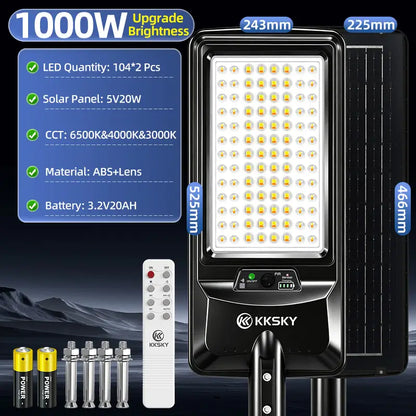 1000W KKSKY solar street light upgraded high brightness LED,3 color temperature,Type-C charge,waterproof outdoor solar light
