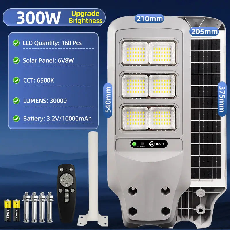 KKSKY 300W solar street light, 168pcs LED, 30000 lumens, 10000mAh battery, integrated solar lamp with remote and mounting hardware