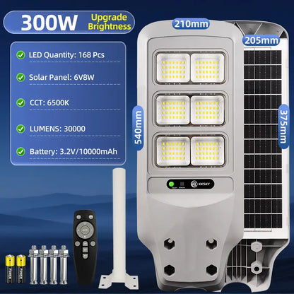KKSKY 300W solar street light, 168pcs LED, 30000 lumens, 10000mAh battery, integrated solar lamp with remote and mounting hardware