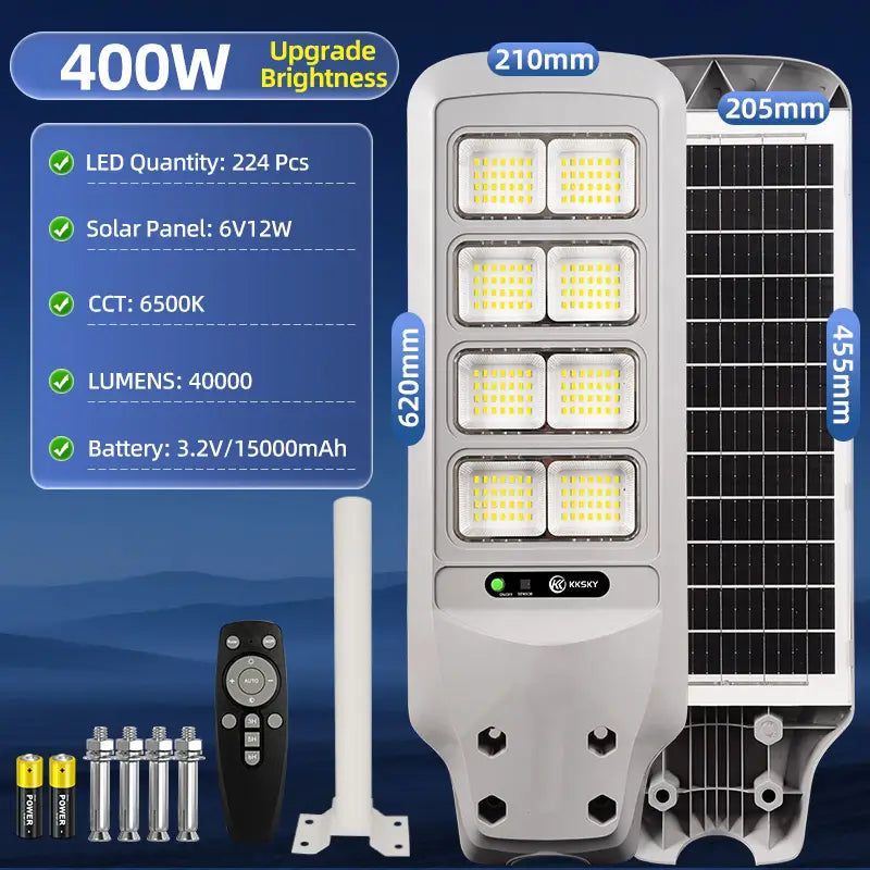 KKSKY 400W solar street light, 224pcs LED, 40000 lumens,15000mAh battery, IP67 outdoor solar flood lighting with remote control
