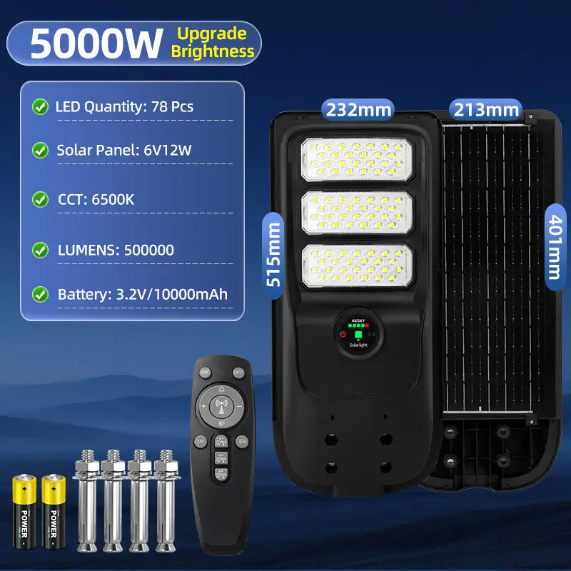 KKSKY 5000W solar street light specs,78pcs LED beads,10000mAh battery,6500K cool white LED flood light with remote