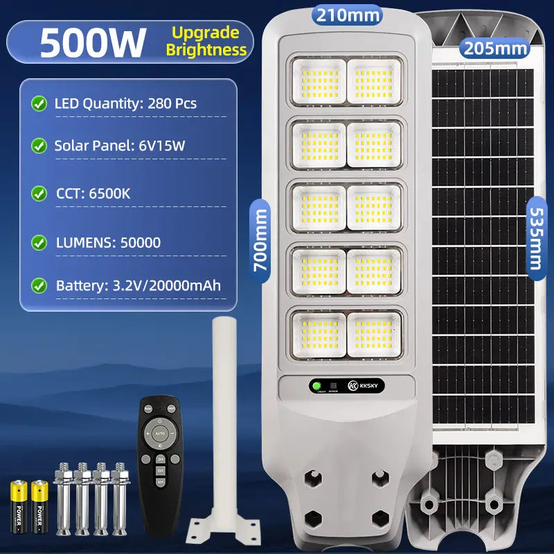 KKSKY 500W solar street light, 280pcs LED,50000 lumens,20000mAh battery, dusk to dawn outdoor solar street lamp with motion sensor
