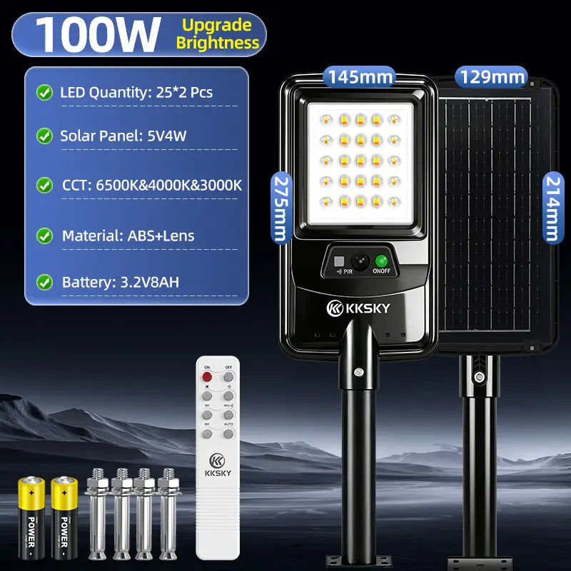 500W KKSKY solar street light specs sheet, adjustable 3 CCT,PIR radar sensor, outdoor heavy duty solar street lamp