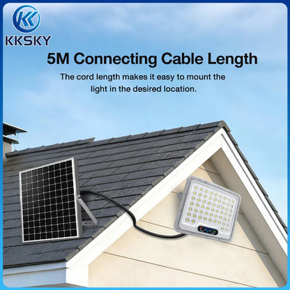 KKSKY Solar Lights Outdoor Waterproof IP67 Heavy Duty Solar Street Lights LED Floodlight with 5M connecting cable, flexible roof and eave installation