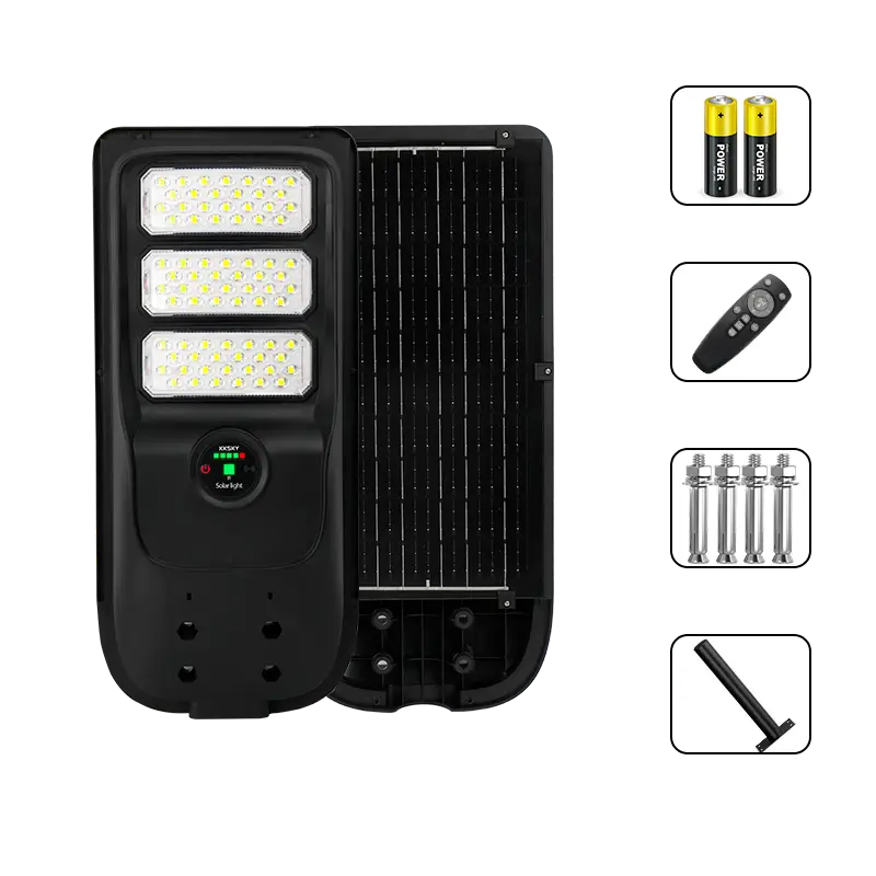 KKSKY all in one solar street light with complete accessories: remote control, mounting bolts, batteries and bracket