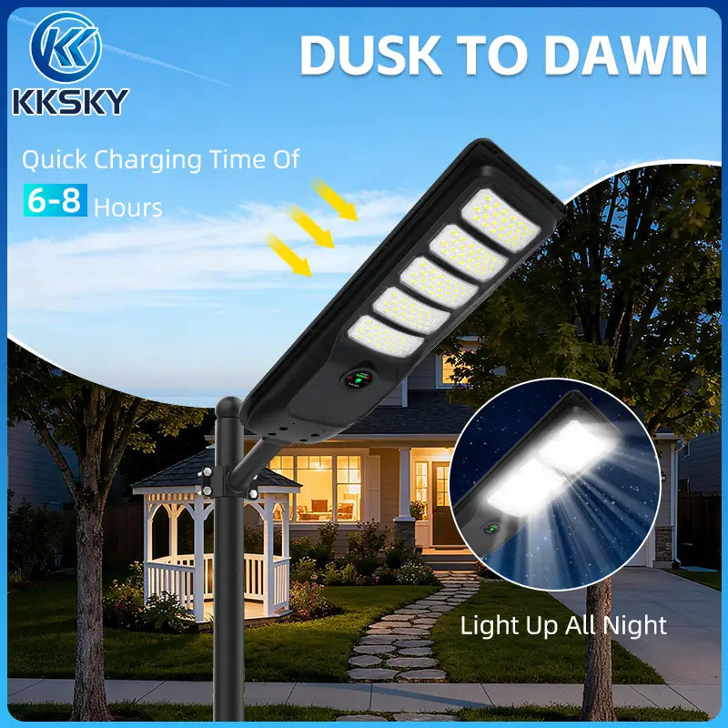 KKSKY all in one solar street light dusk to dawn, 6-8 hours quick charging, light up all night for home garden