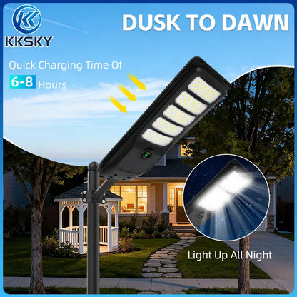 KKSKY all in one solar street light dusk to dawn, 6-8 hours quick charging, light up all night for home garden