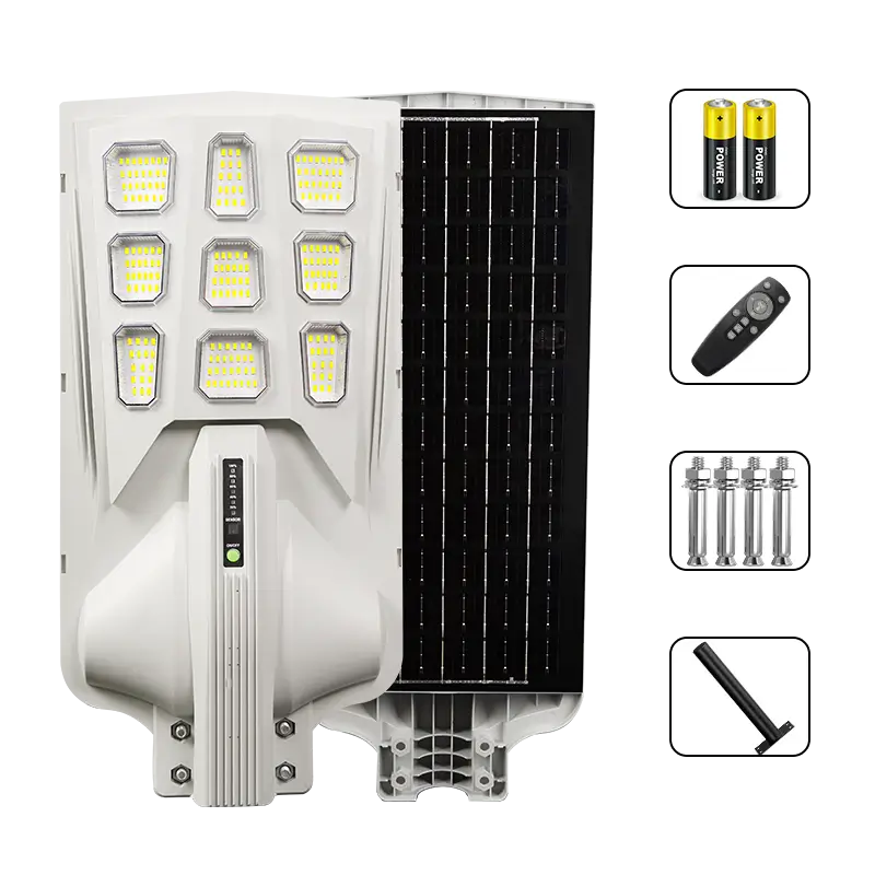 KKSKY solar street light waterproof outdoor heavy duty complete package, integrated solar panel LED lamp, remote control, mounting screws and installation accessories included
