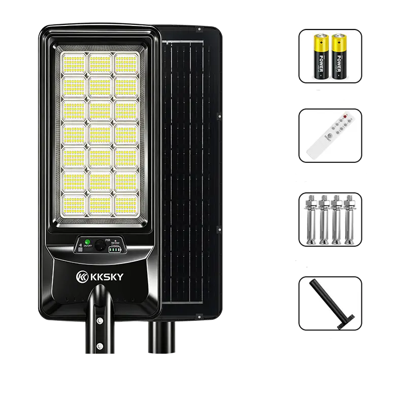 KKSKY Solar Street Light Outdoor Waterproof Heavy‑Duty main unit with complete accessories, remote control, mounting bolts and bracket