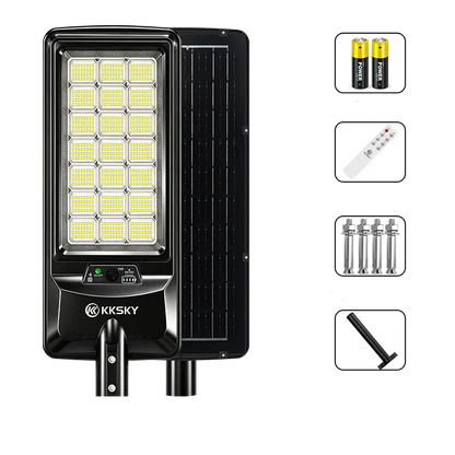 KKSKY Solar Street Light Outdoor Waterproof Heavy‑Duty main unit with complete accessories, remote control, mounting bolts and bracket