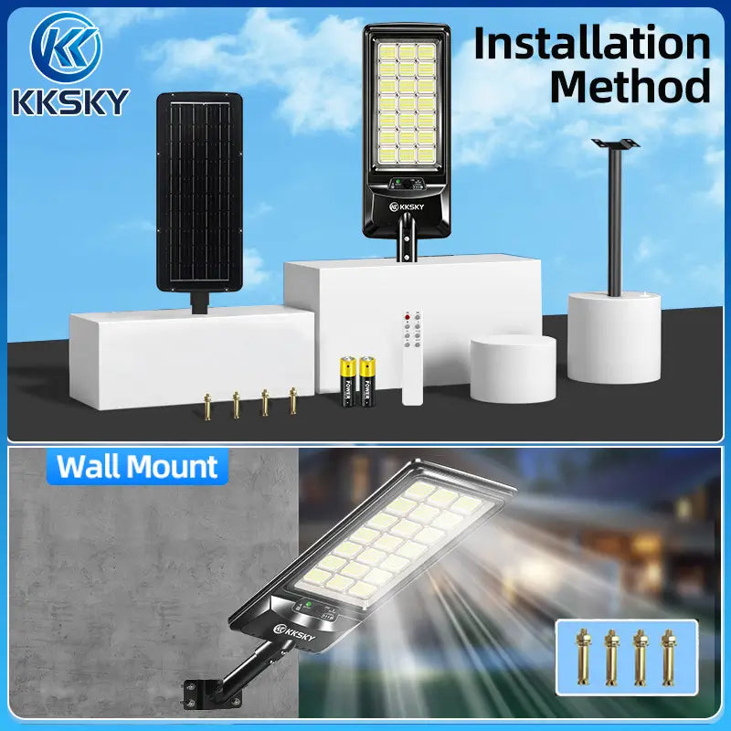 KKSKY Solar Street Light Outdoor Waterproof Heavy‑Duty installation guide, wall mount and pole mount with mounting hardware set