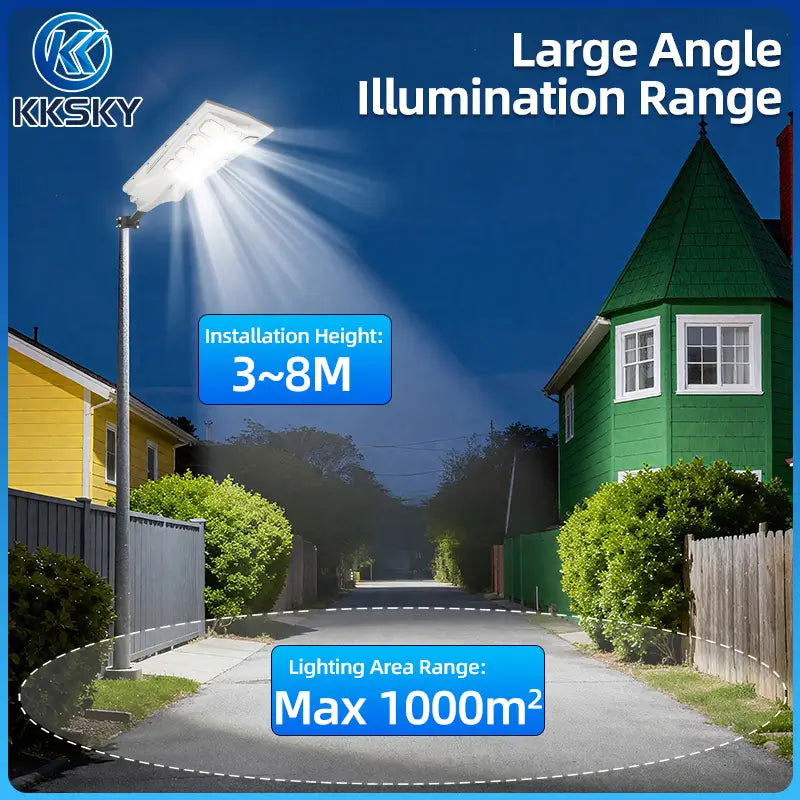 KKSKY solar street light large angle illumination range, max 1000m² lighting area, install height 3 to 8 meters outdoor solar street lamp