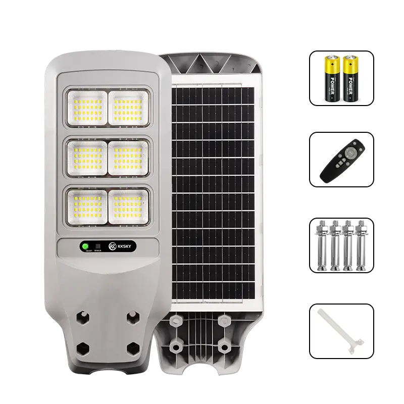 KKSKY integrated solar street light full package accessories, includes remote controller, mounting bolts, battery and pole bracket for outdoor installation