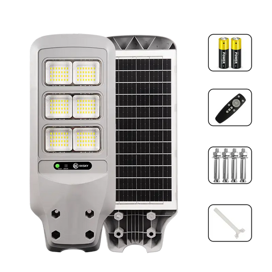 KKSKY integrated solar street light full package accessories, includes remote controller, mounting bolts, battery and pole bracket for outdoor installation