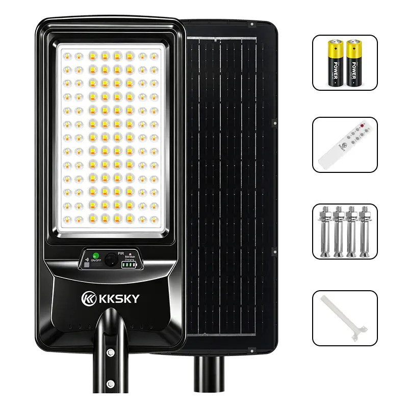 KKSKY solar street light all-in-one unit, package accessories:remote control,rechargeable batteries,mounting screws and bracket