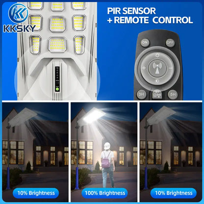 KKSKY solar street light PIR motion sensor + remote control, auto brightness adjustment 10% to 100%, outdoor solar LED street light security lamp