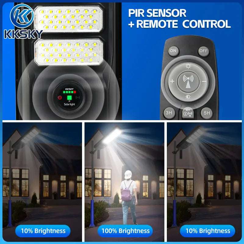 KKSKY solar street light PIR radar motion sensor with remote control, auto dim brightness when no people