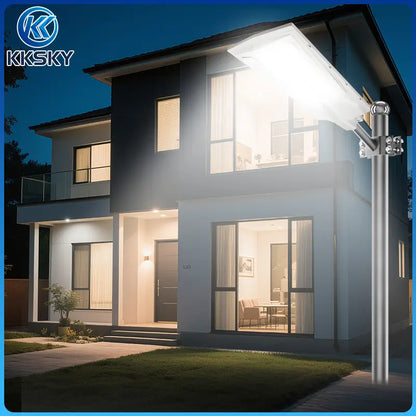 KKSKY all in one solar street light waterproof outdoor heavy duty, pole mounted on residential front yard, dusk to dawn solar street lamp for home outdoor lighting