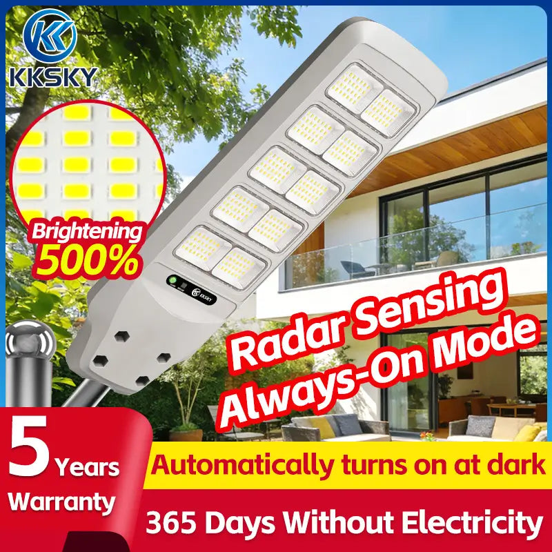 KKSKY solar street light heavy duty IP67 waterproof outdoor flood lighting with radar sensing and always-on mode, 5 years warranty