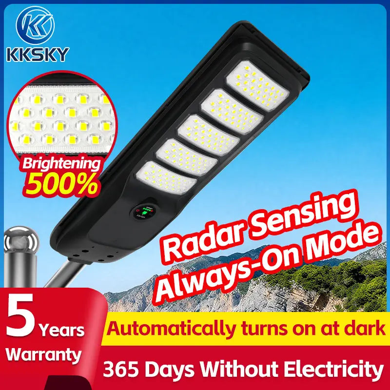 KKSKY solar street light outdoor IP67 waterproof radar sensing LED flood light, 5 years warranty, auto turn on at dark