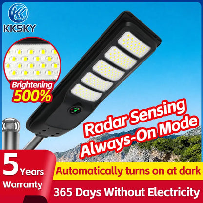 KKSKY solar street light outdoor IP67 waterproof radar sensing LED flood light, 5 years warranty, auto turn on at dark