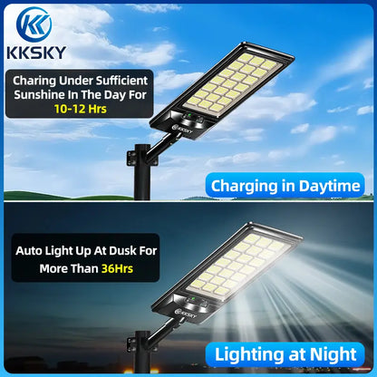KKSKY Solar Street Light Outdoor Waterproof Heavy‑Duty daytime solar charging, auto turn‑on dusk to dawn over 36 hours runtime