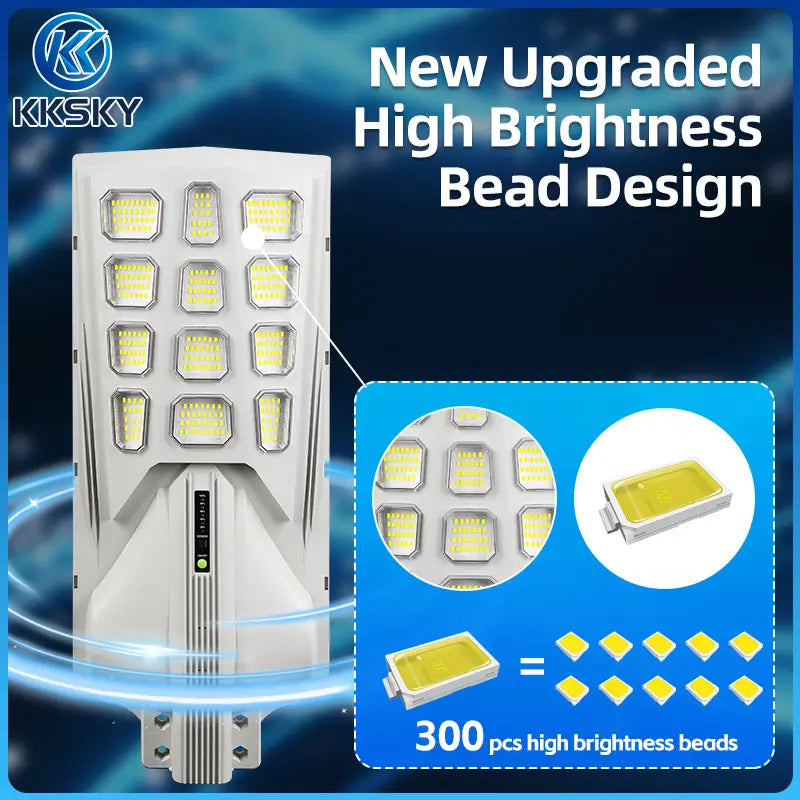 KKSKY solar street light upgraded high brightness bead design, 300pcs LED chips, heavy duty outdoor solar LED street lamp