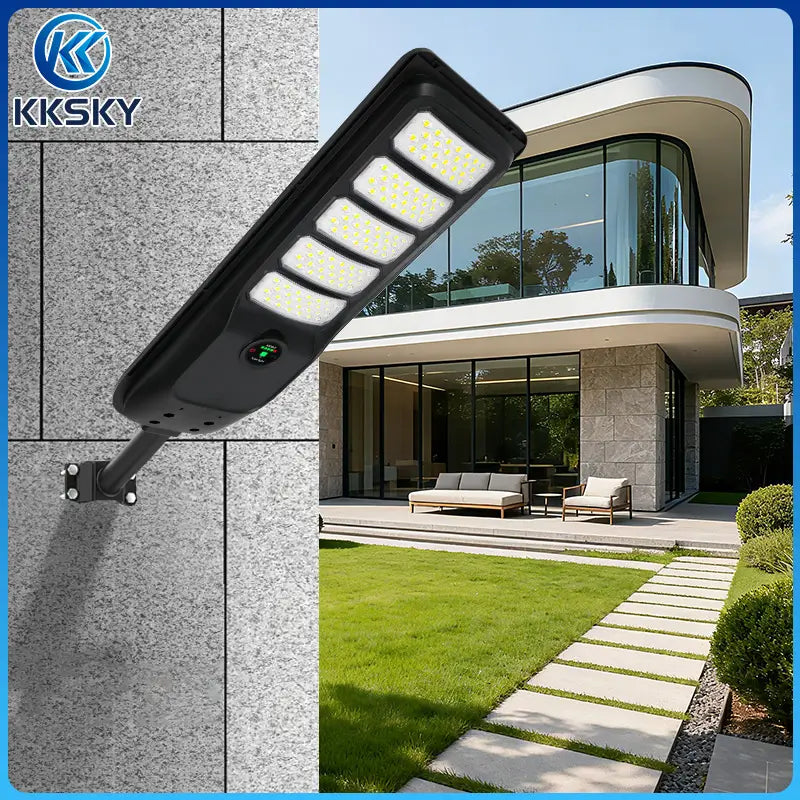 KKSKY solar street light outdoor wall mount, IP67 waterproof LED flood light installed on villa exterior wall for garden lighting