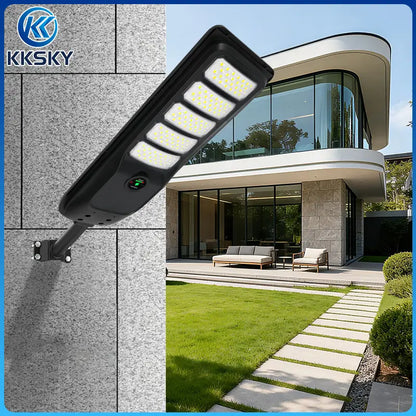 KKSKY solar street light outdoor wall mount, IP67 waterproof LED flood light installed on villa exterior wall for garden lighting