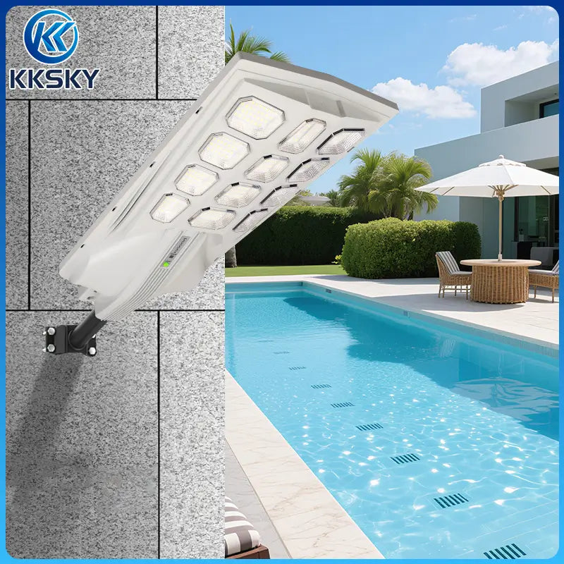 KKSKY solar street light waterproof outdoor heavy duty, wall mount solar LED street lamp installed beside swimming pool, bright outdoor security lighting for villa backyard