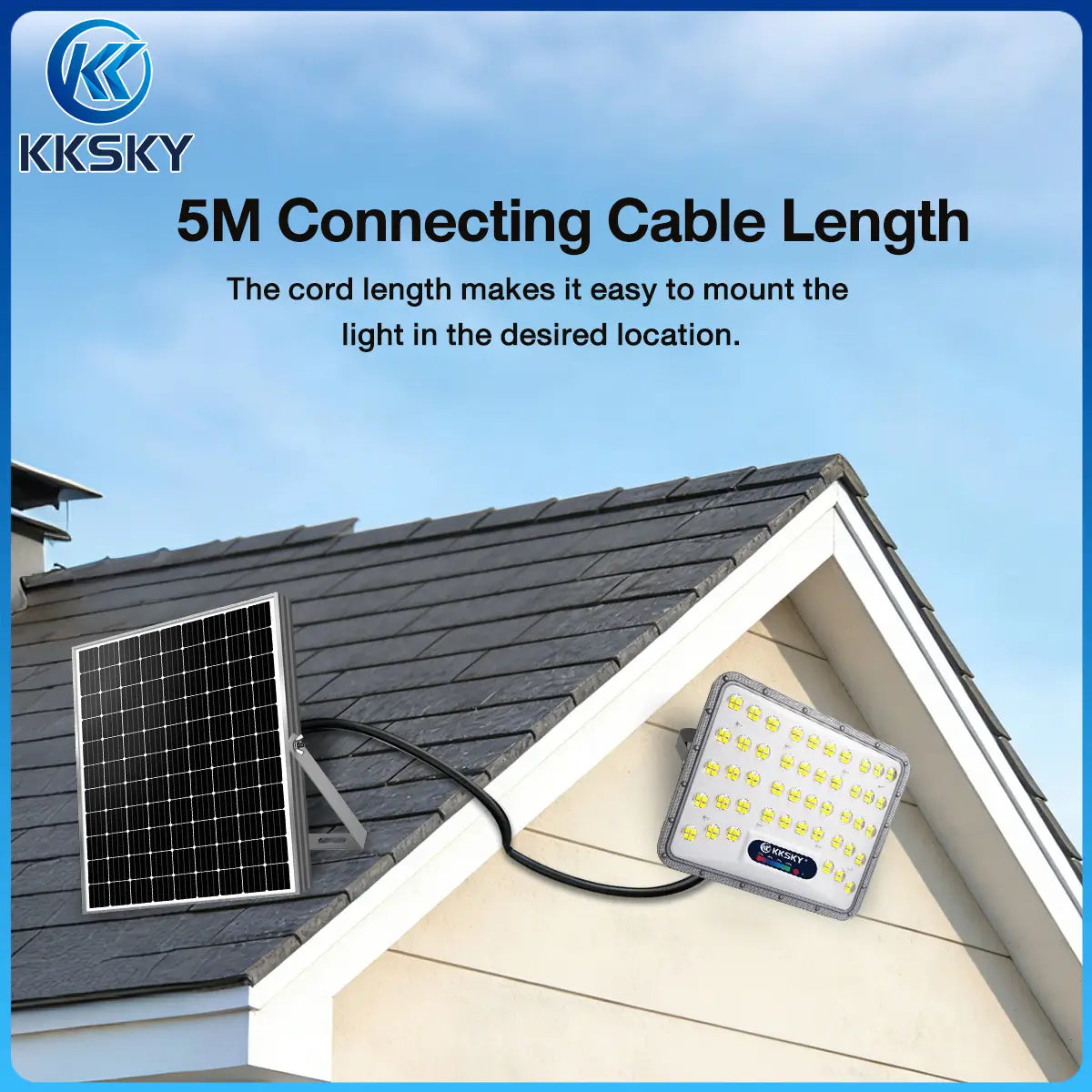 KKSKY solar flood light split design with 5m connecting cable, separate solar panel and lamp, easy roof mounting outdoor LED street light
